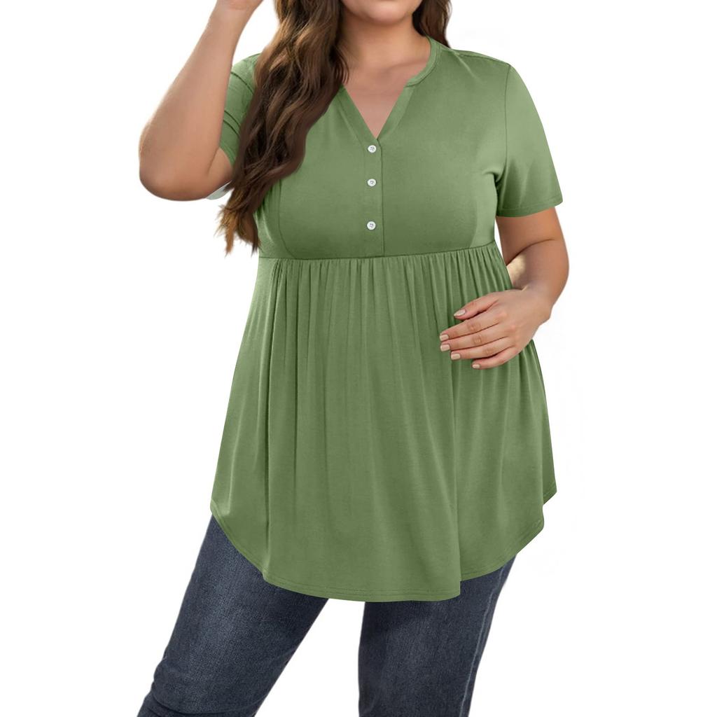 Women's Solid Color Large Size  V Neck Button-Up Top Casual Short Sleeve Flowy Top