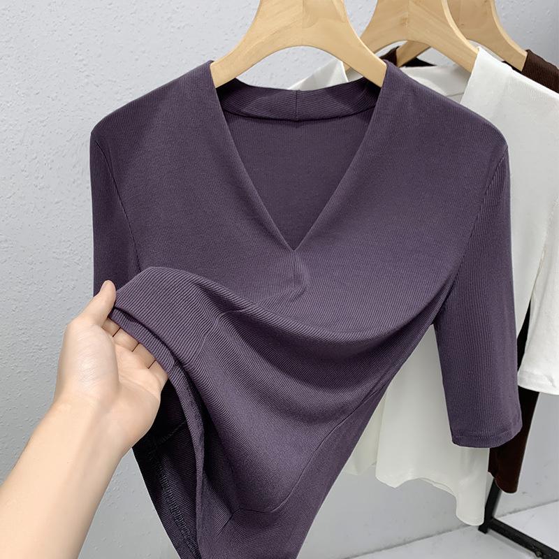 Women's New Women's Clothing Style V-neck Half-sleeved T-shirt Waist-retracting Elastic Solid Color Top