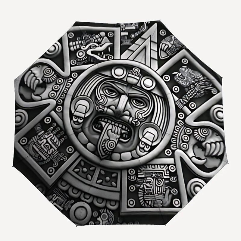 1pc Aztec Calendar Stone Automatic Open/close Umbrella, 8-Rib Sturdy Structure, Portable Travel Umbrella, Parties, Everyday Use, Outdoor Acc