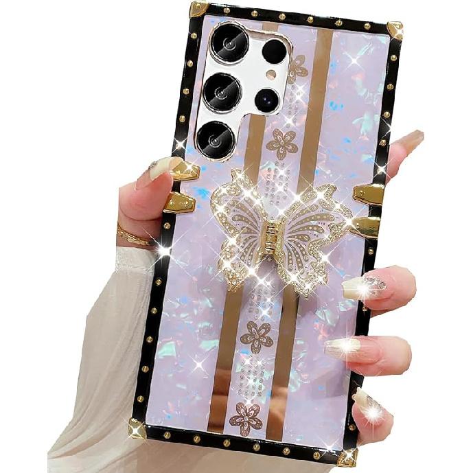 for Samsung Galaxy S25 Ultra Glitter Kickstand Case, Cute Luxury 3D Bling Sparkly Floral Diamond Butterfly with Ring Stand Elegant Shockproof Women