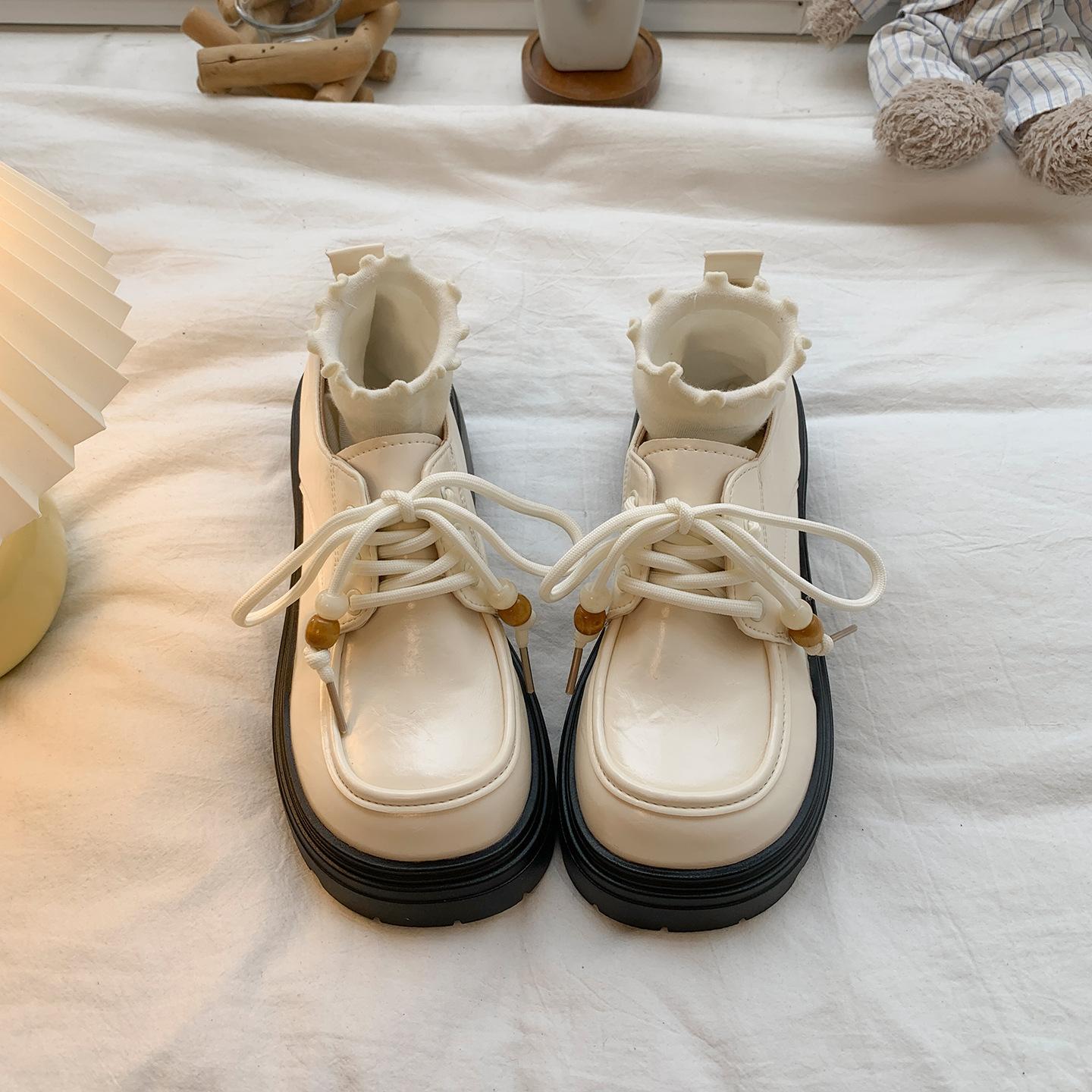 

Белые туфли на платформе в британском стиле, на толстом каблуке, на шнуровке, из маленькой кожи, женские, новинка осени 2025 года, юбка, JK, лоферы на высокой платформе 40 бежевый