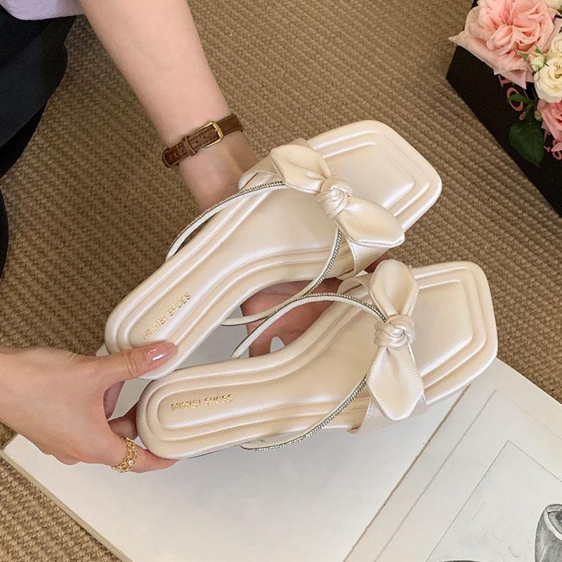 Fashion Fashion Butterfly-Knot Ladies Flats Slippers Shoes Summer Footwear Square Toe Women Flat Slippers Sandals Shoes Female Slides