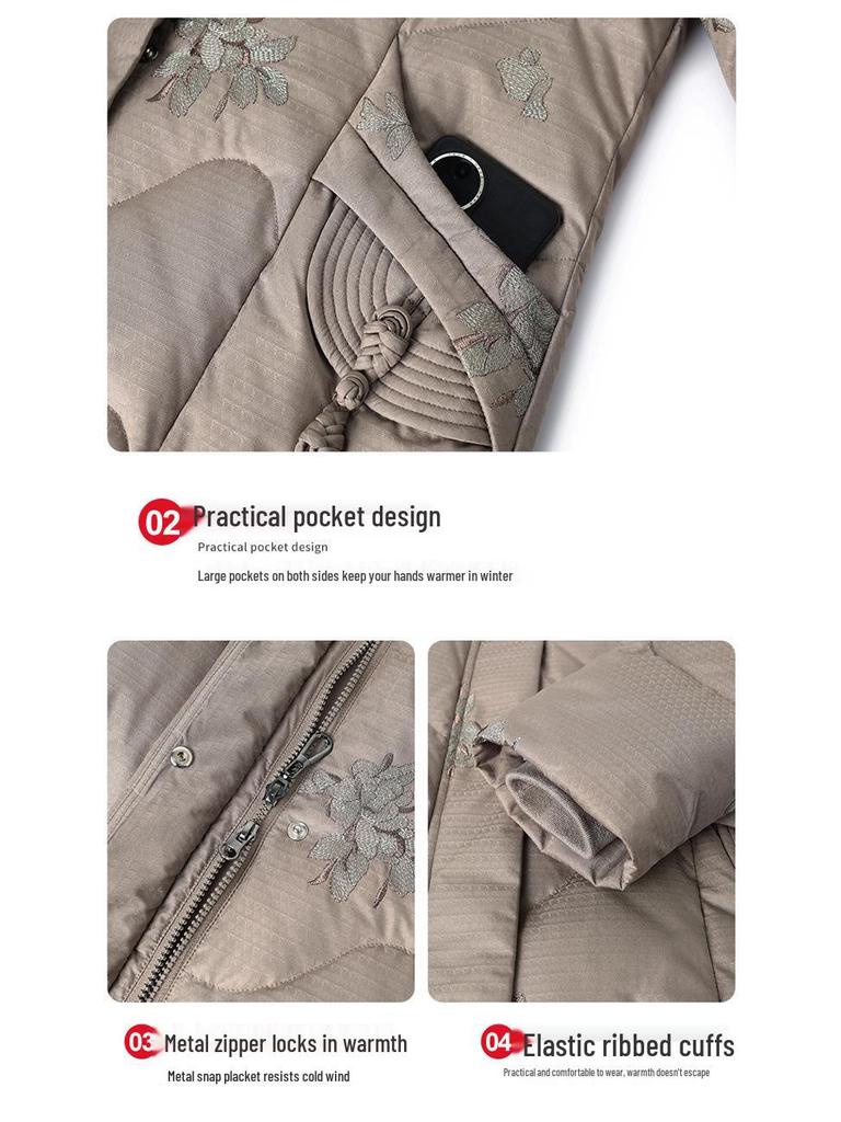 2025 Chinese Style Embroidered White Goose Down Jacket for Middle-Aged and Elderly Women - Thick Winter Coat