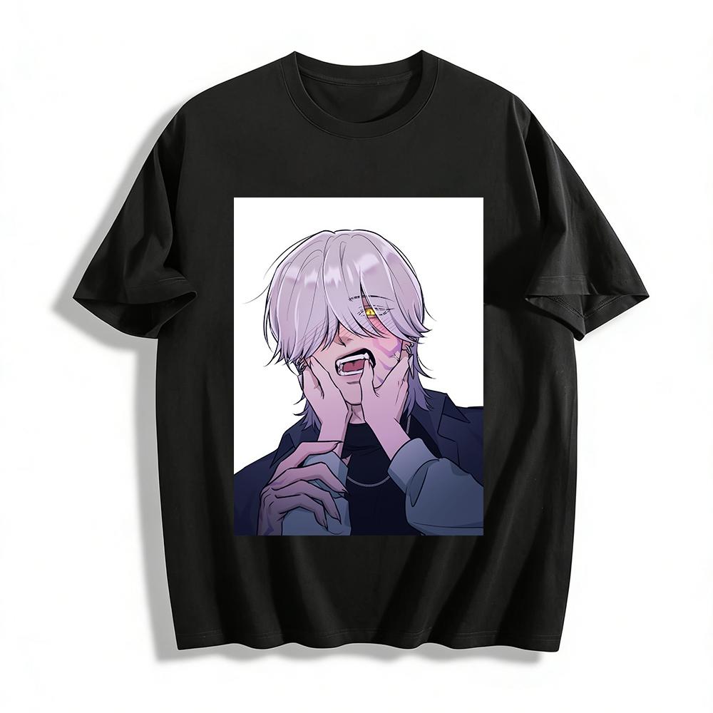 Dark Sick Style Pinch-faced Silver-haired Boy Print Top Niche Anime Style Casual T-shirt Pure cotton T-shirt