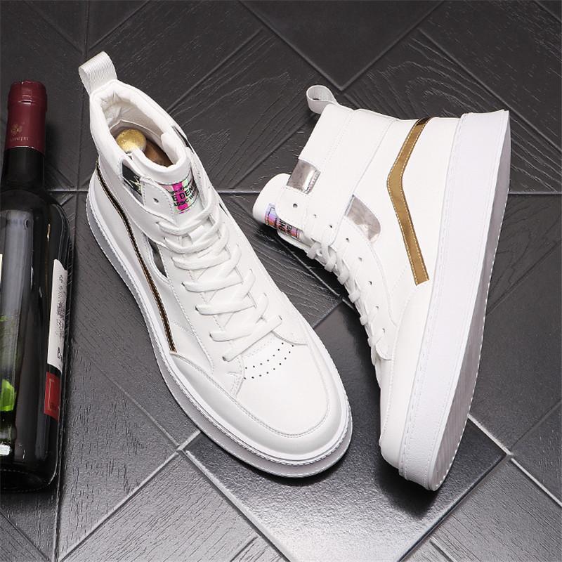 Cheap White Leather Men Sneakers Punk Hip Hop High Tops Casual Sports