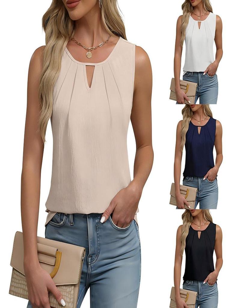 2025 Summer Women's Pleated Solid Color Sleeveless Hollow Out T-shirt Vest