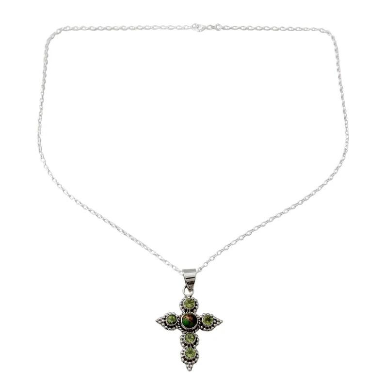 Natural Turquoise and Peridot Gemstone Necklace 925 Sterling Silver Cross Necklace Handmade Wedding Christmas Jewelry Necklace - 9.8 Wt Aprox