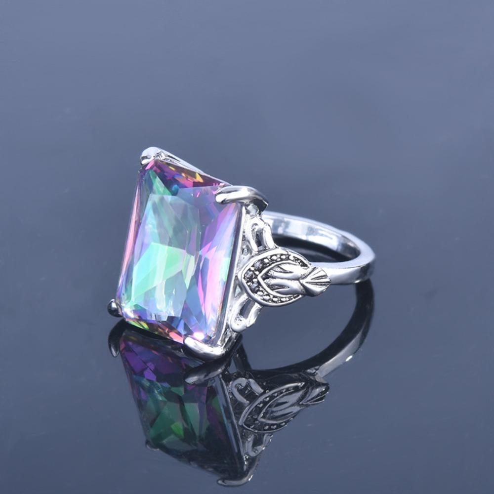 Women Fashion Rainbow Topaz Square Ring Creative European Design Colorful Stone Jewelry
