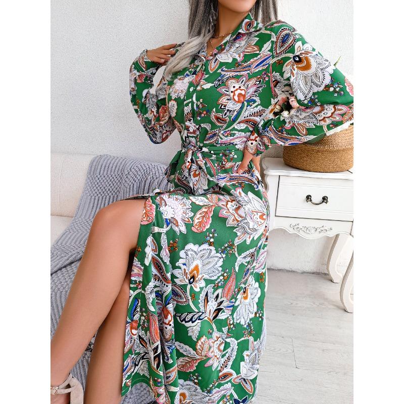 Women's Long Dress Summer Long Sleeve Vintage Floral Lapel Tied Shirt Dress Women Fashion Single Breasted Loose Casual Office Ladies Dresses