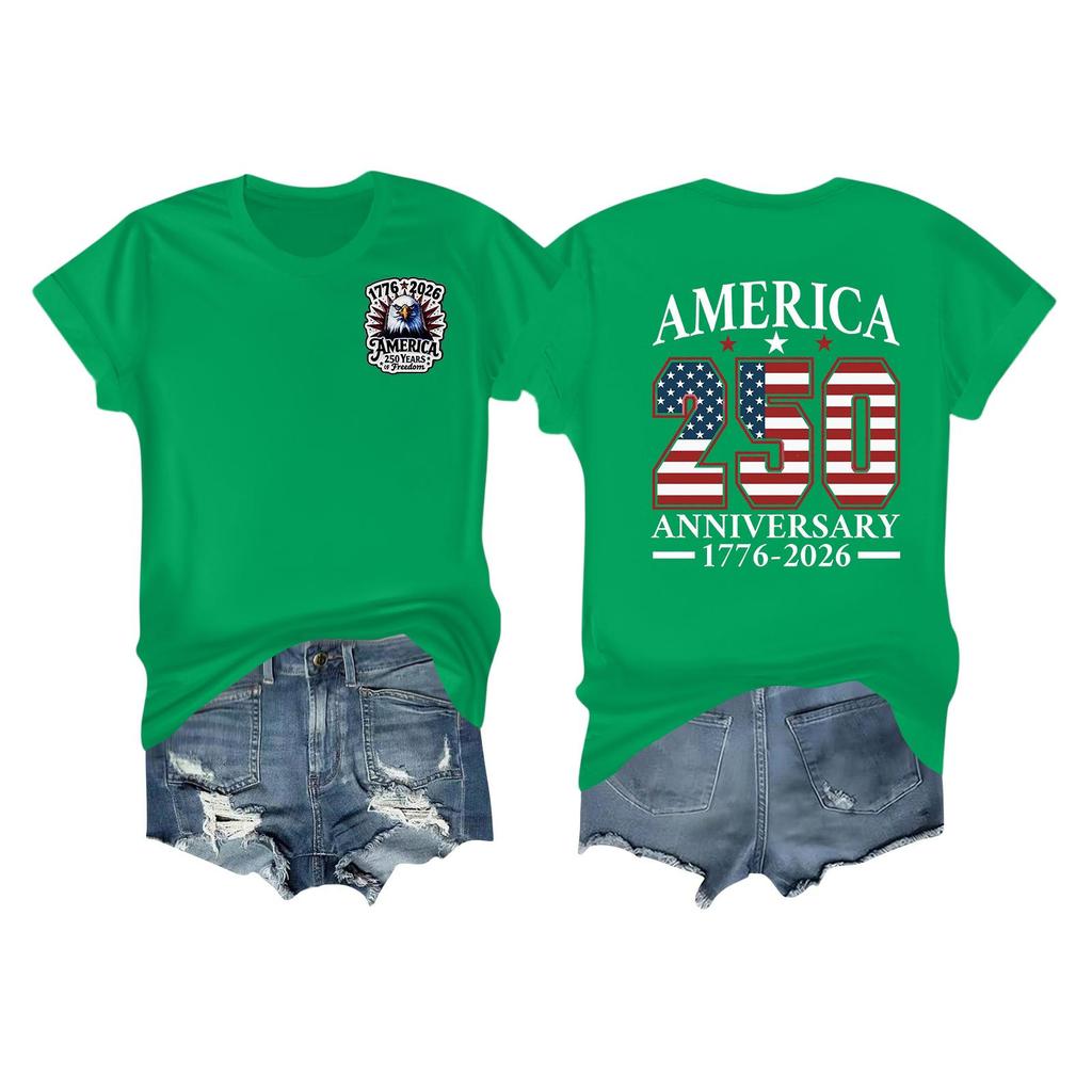 Women's Casual Independence Day 250 Anniversary Printed T-shirt Round Neck Pullover Short Sleeve Top