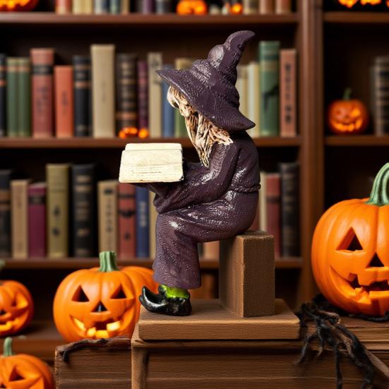 Reading Witch Figurine Halloween Shelf Sitter Witch Statue Resin Gothic