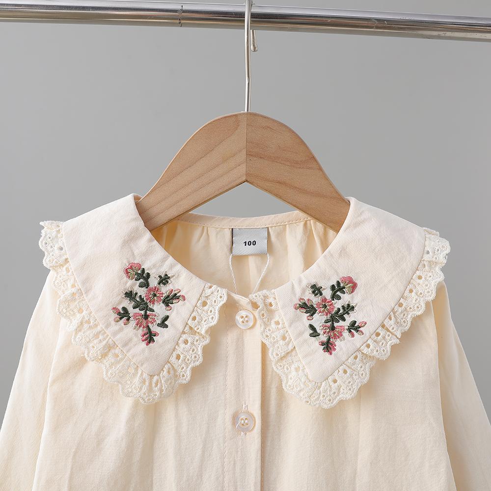 Beige Bluse für Kleinkind Mädchen mit Blumenstickerei und Spitze Peter Pan Kragen Frühling Herbst 2-6 Jahre Mädchenbekleidung