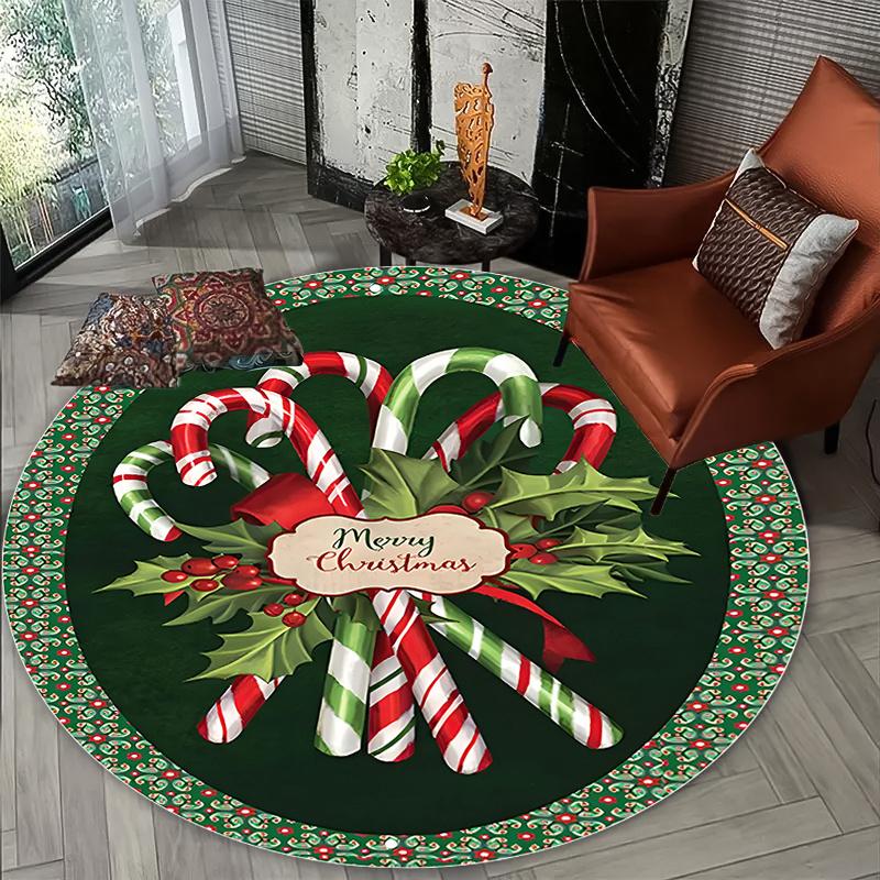 Christmas Candy Green Leaves Round Rug, Plush Flannel Thick Mat for Home Office Decor, Machine Washable Polyester Carpet