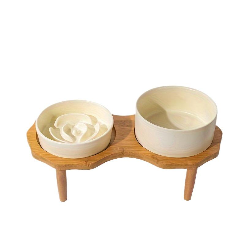 Keramická miska Bomei pro pomalé krmení psů - Proti dušení a proti rozlití, dvojitá miska pro mazlíčky s dřevěným stojánkem