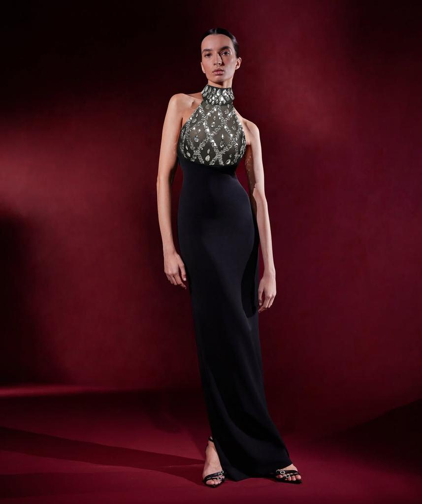 Fashion European and American women's clothing, sexy sleeveless backless neck nails drilled waist long evening dress bandage skirt