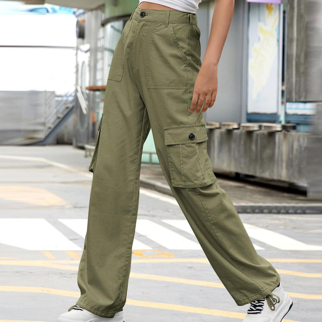 Fashionable Women's Multi-pocket Workwear Straight Trousers High Waist Slimming Loose Wide Leg Work Trousers