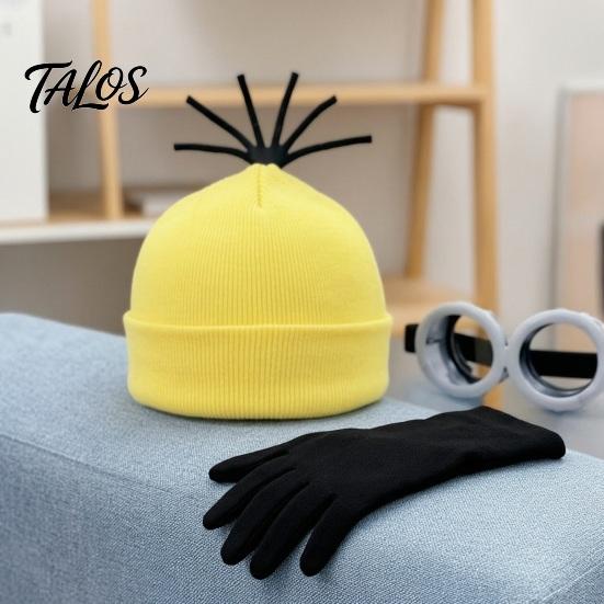 Elastic Fabric Gloves 3Pcs Halloween Costume Accessories, Yellow Knitted Hat Steampunk Goggles Party Performance Adults Cosplay Set for Men Women