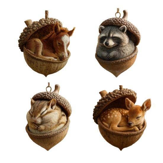 Forest Acorn Animal Ornaments 2D Acrylic Hanging Charm Cute Squirrel Deer Fox Decor for Car Mirror Home And Christmas Tree