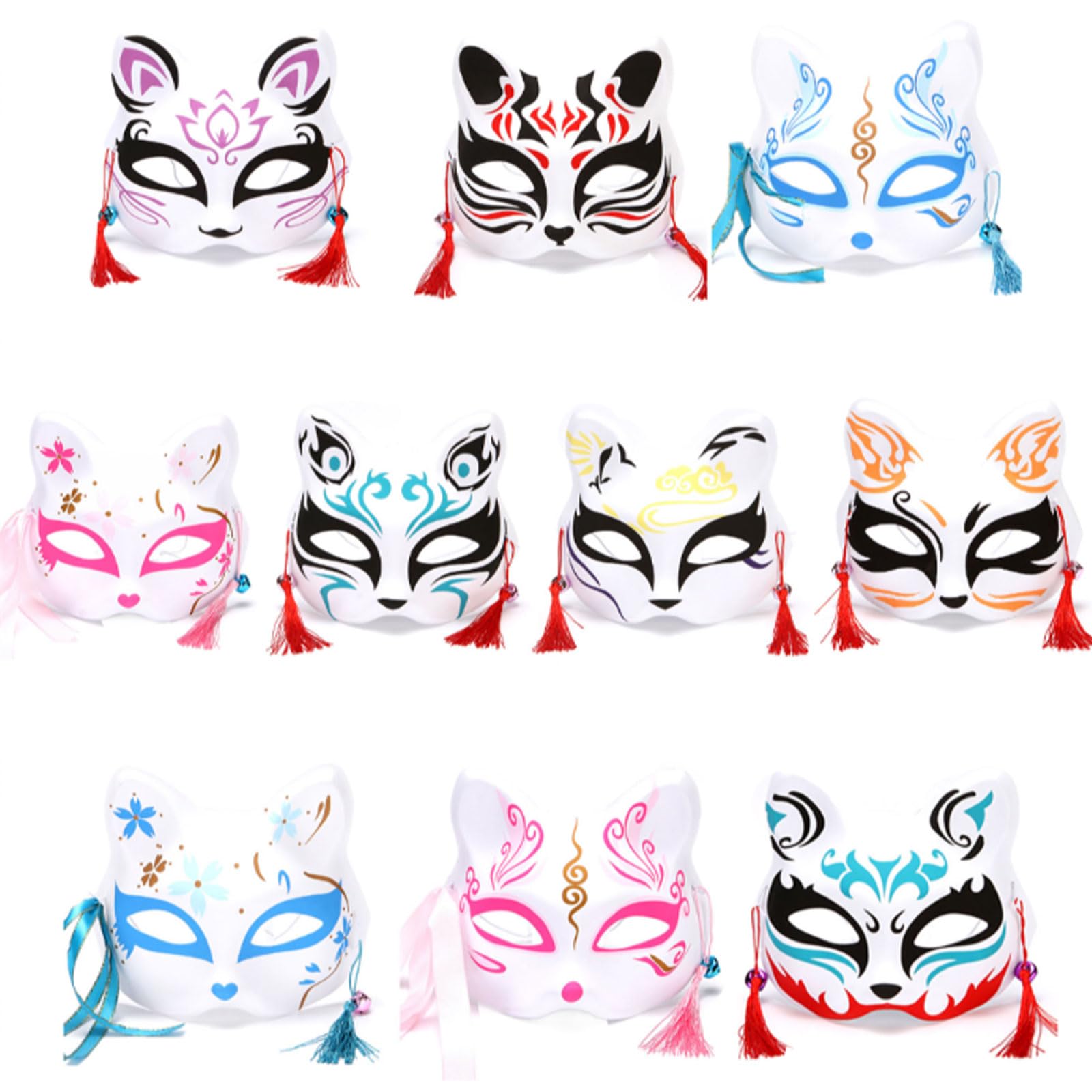 Mirhua Fox Masks, Set of 10, Perfect for Festivals, Japanese-Style Masks, School Festivals, Masquerade Balls, Character Masks with Bells, Cosplay