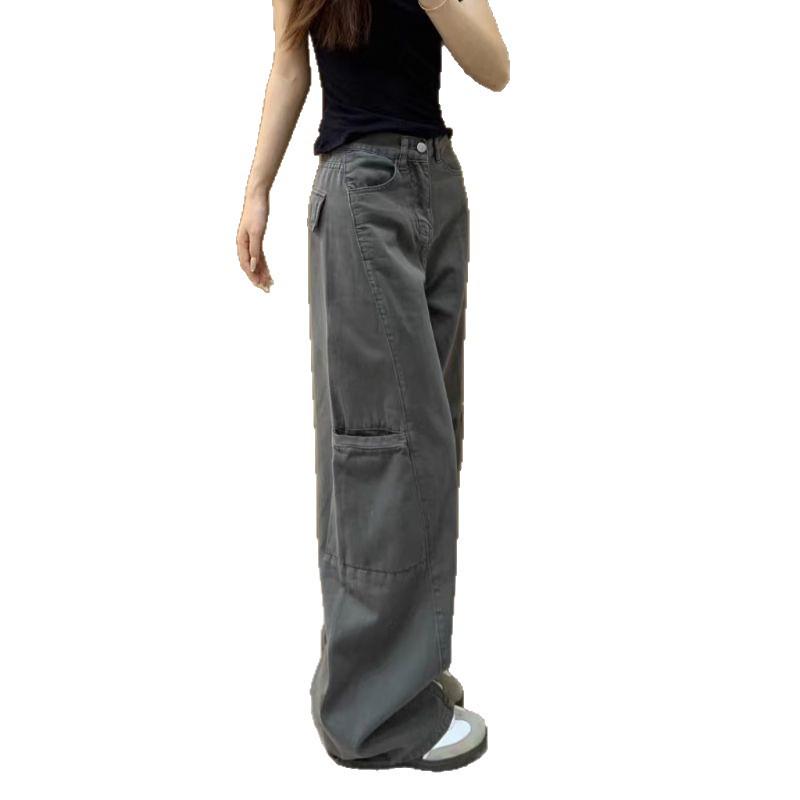 American Style Cement Gray High Waist Wide Leg Denim Jeans for Women - Plus Size Slimming Loose Fit (Autumn 2025)