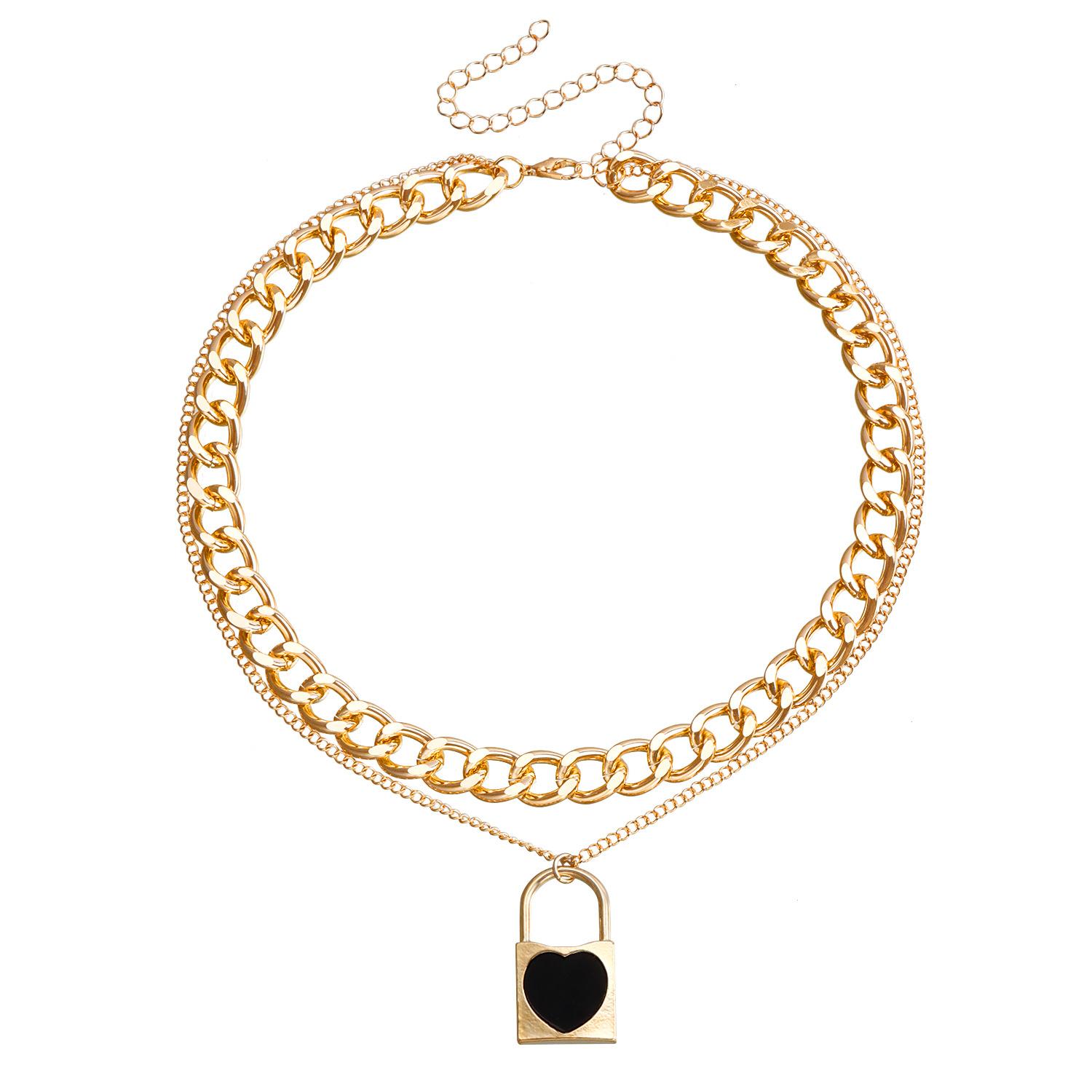 

European and American foreign trade jewelry, double-layer fashionable black concentric lock imitation Fritillary necklace, temperament metal rough