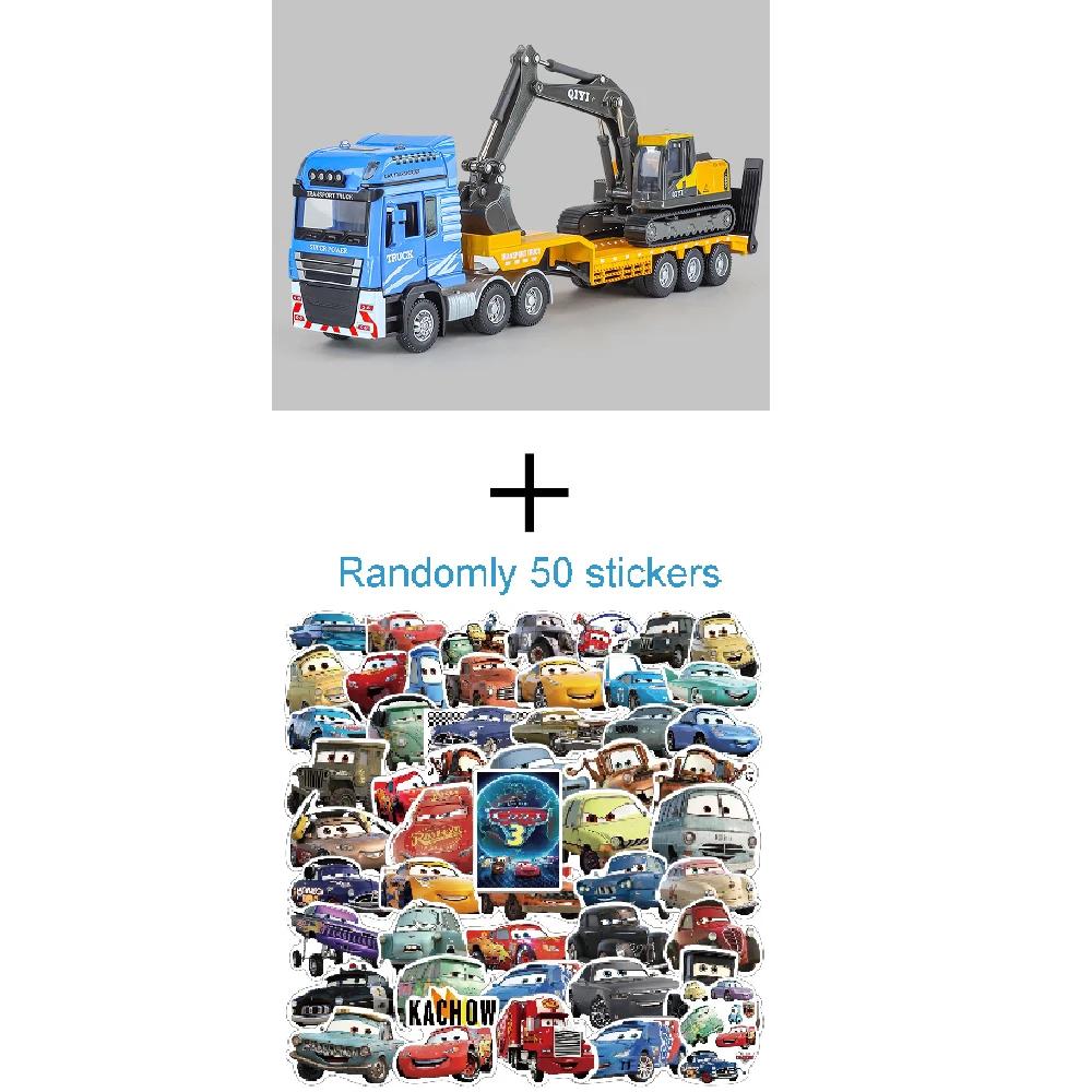 1:48 Flatbed Trailer Excavator Model Toy Car Sound Light Movable Joint Inertial Sliding Engineering Vehicles Boys Hobby Turcks
