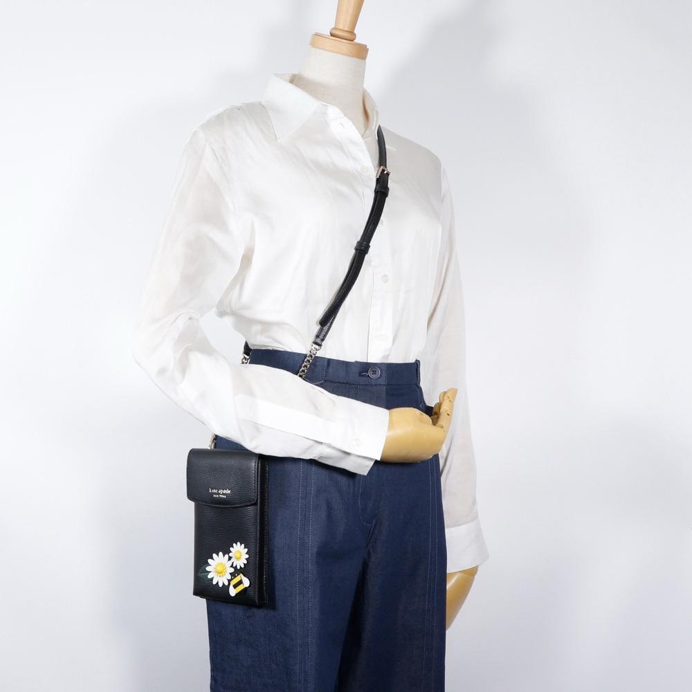 Kate Spade Smartphone Schulter Schultertasche 8AR00298 Blumen & Bienen schwarzes Leder Mehl Damen Gebraucht