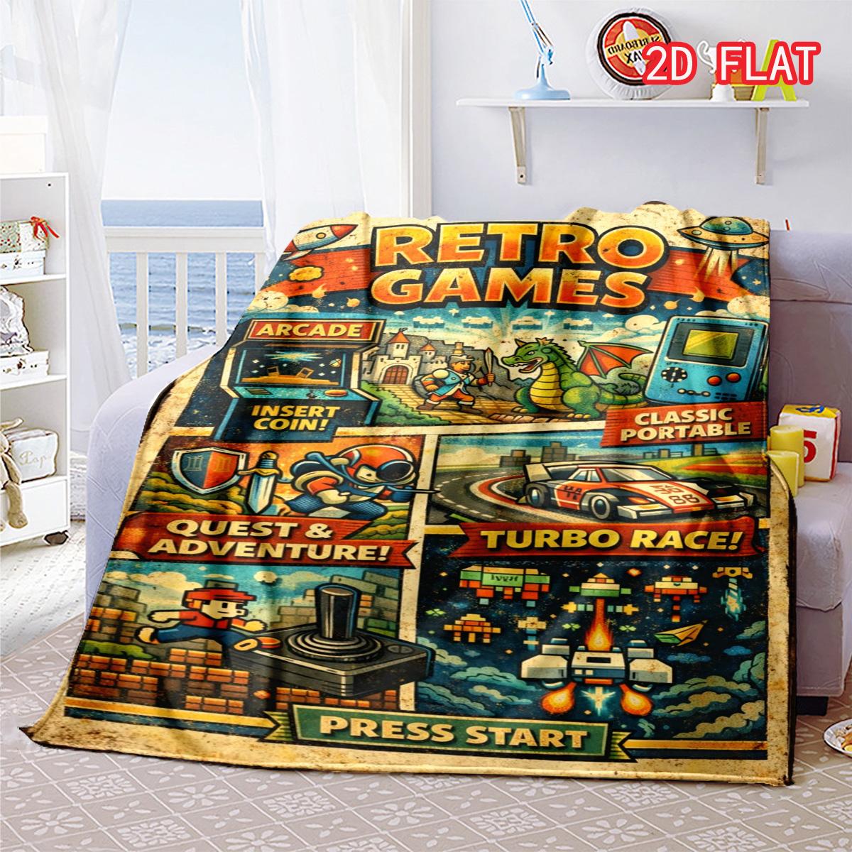 Vintage Retro Arcade Games Flannel Blanket, 80s Pixel Art Cozy Throw 80cm x 120cm