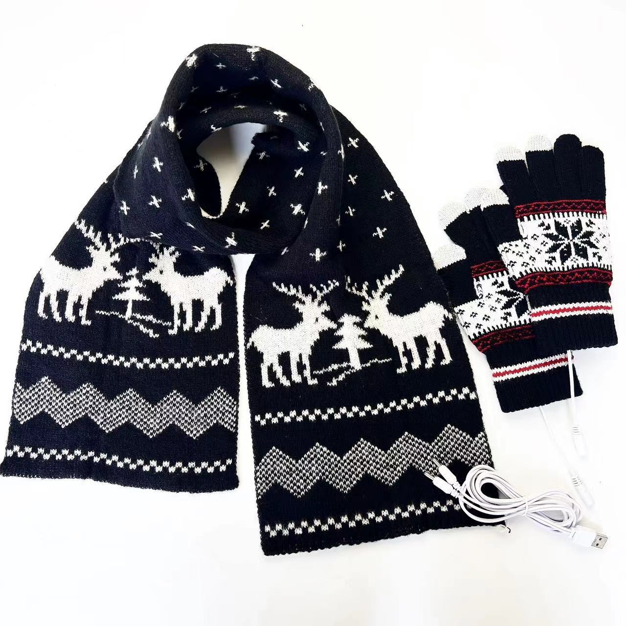 

USB Электрический нагревательный комплект из трех предметов Маленький свежий снежинка олень Рождественский вязаный шарф шапка перчатки жаккард