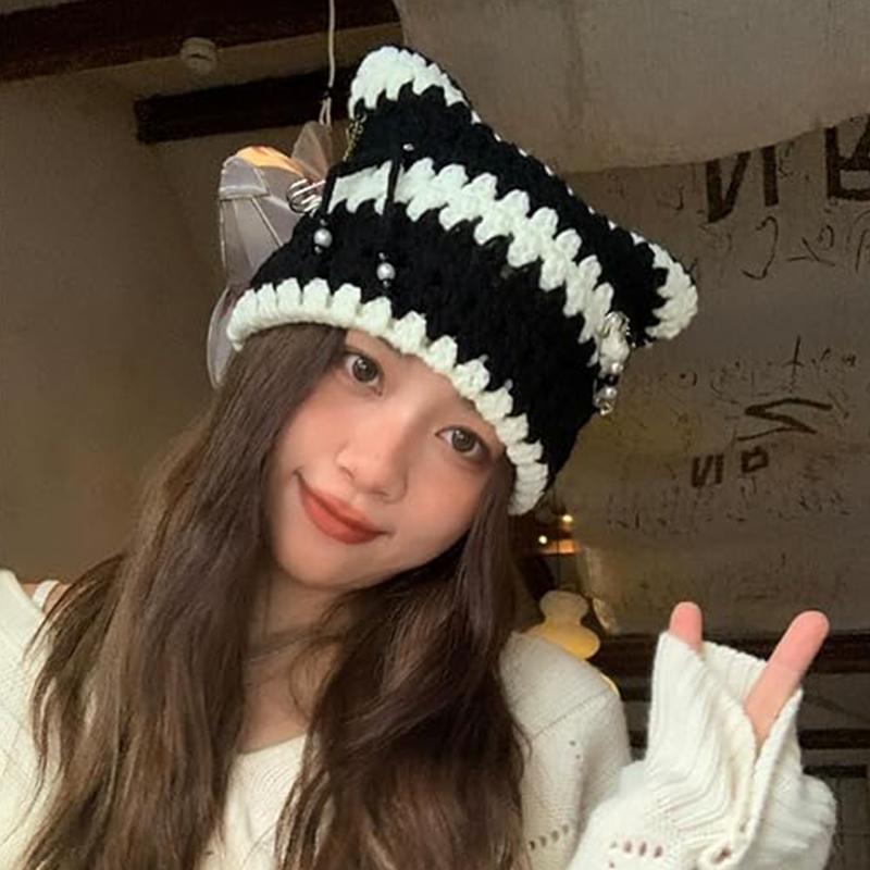 Neutral Hand Crocheted Knitted Pullover Hat with Detachable Metal Pin Tassel Y2K Street Fashion Hip Hop Hollowed Punk Style