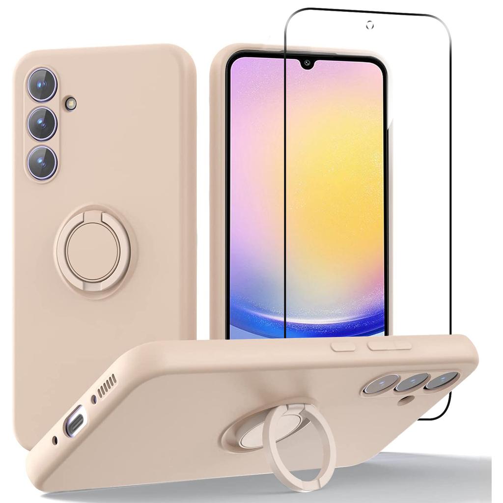 For Samsung Galaxy A25 5G (Global) (161.0 X 76.5 X 8.3mm) Liquid Silicone Kickstand Case+2.5D Arc Edge Tempered Glass Film