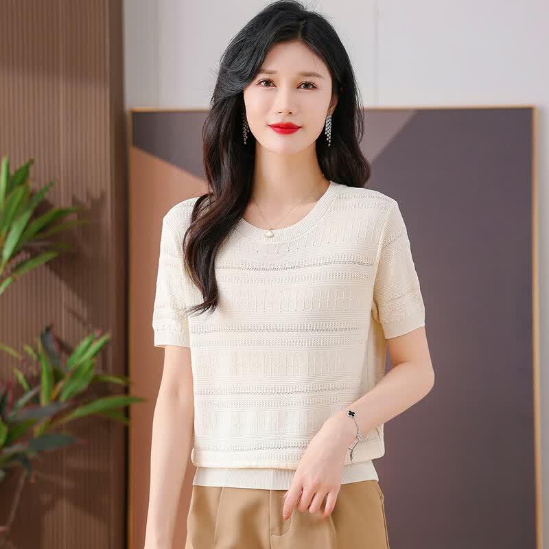 SNOWFLYING Lightweight Hollow-Out Round Neck Women's Knit T-Shirt