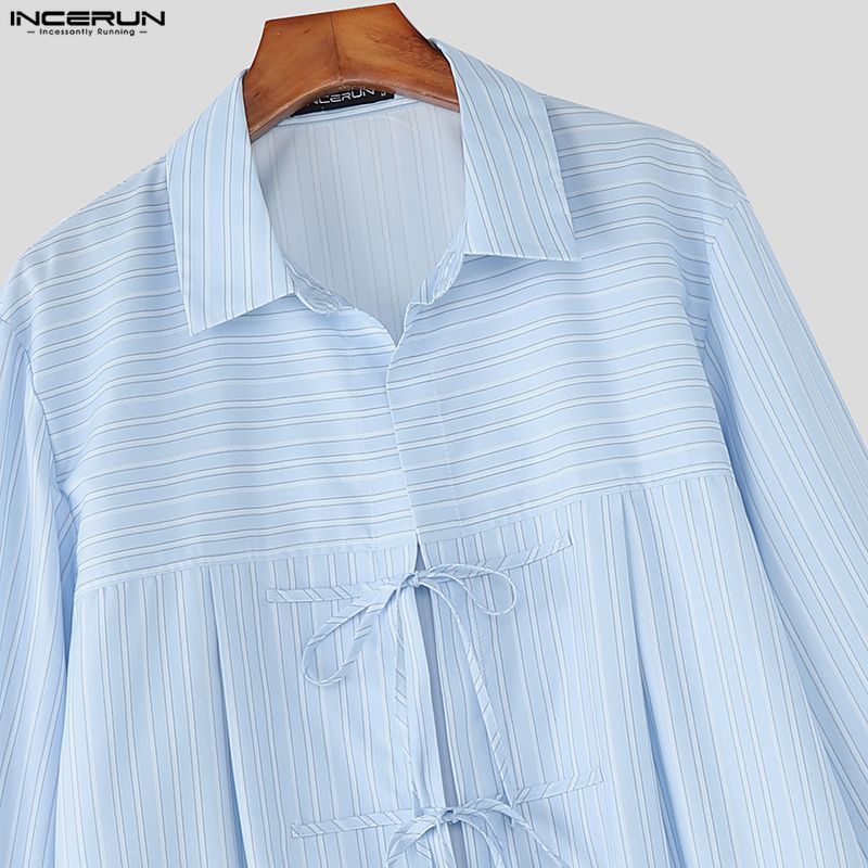 INCERUN Men Lapel Neck Long Sleeve Striped Print Bow Knot Casual Oversized Shirts