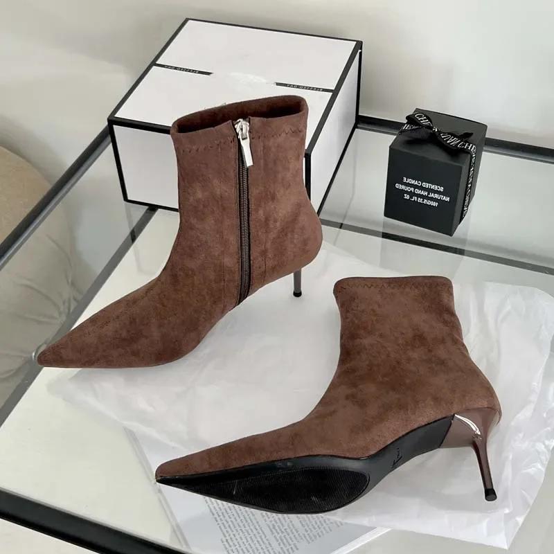 Fashion Elegant Thin-Heel Pointed-Toe Ankle Boots for Women Fashion Spring/Fall Side-Zip Faux Suede Boots Sexy Comfortable Modern Boots