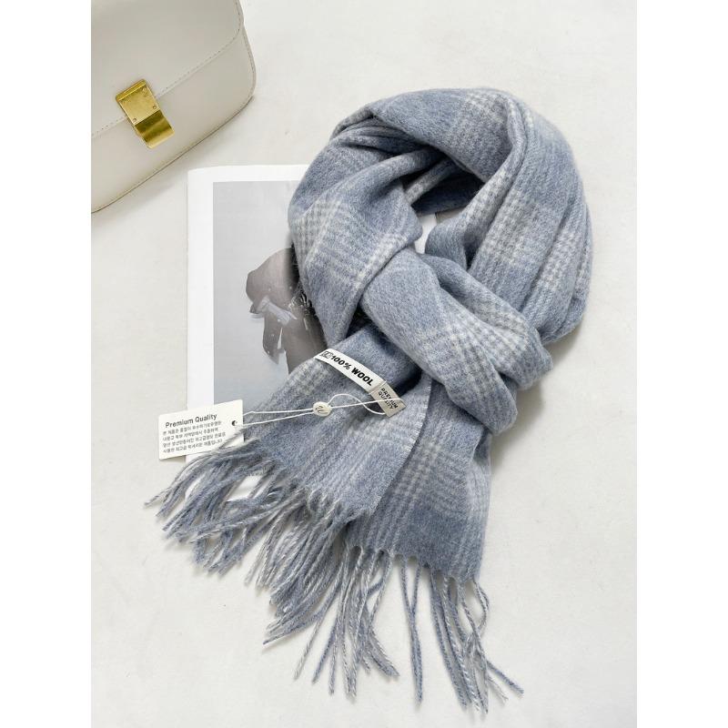 

Женские зимние шарфы из 100% шерсти, кремовые, в клетку в стиле «милый ветер», утолщенные теплые шарфы с бахромой 190cm