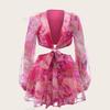 Abito estivo da donna in chiffon con maniche a lanterna e fantasia geometrica per abbigliamento casual