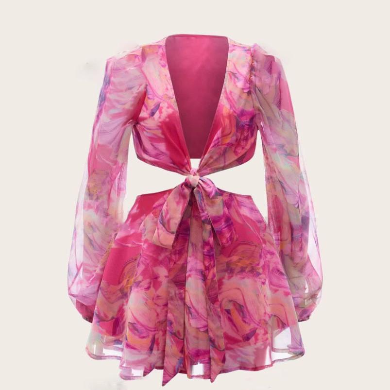 Abito estivo da donna in chiffon con maniche a lanterna e fantasia geometrica per abbigliamento casual