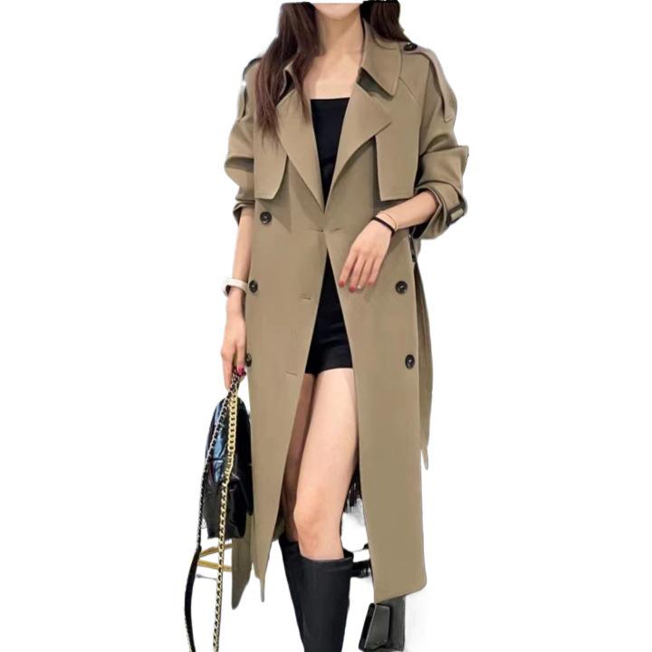 Women's 2025 Spring/Autumn French Trench Coat: British Style, Double-Breasted, Over-the-Knee, Mid-Length, Loose Fit
