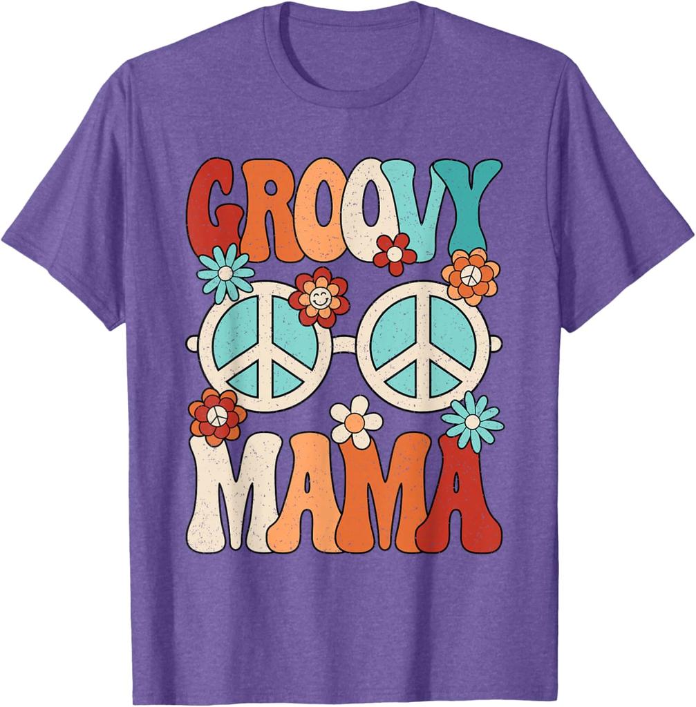 Groovy Mama Peace Sign Flowers Retro Hippie Graphic Tee Women's Casual Trip T-Shirt