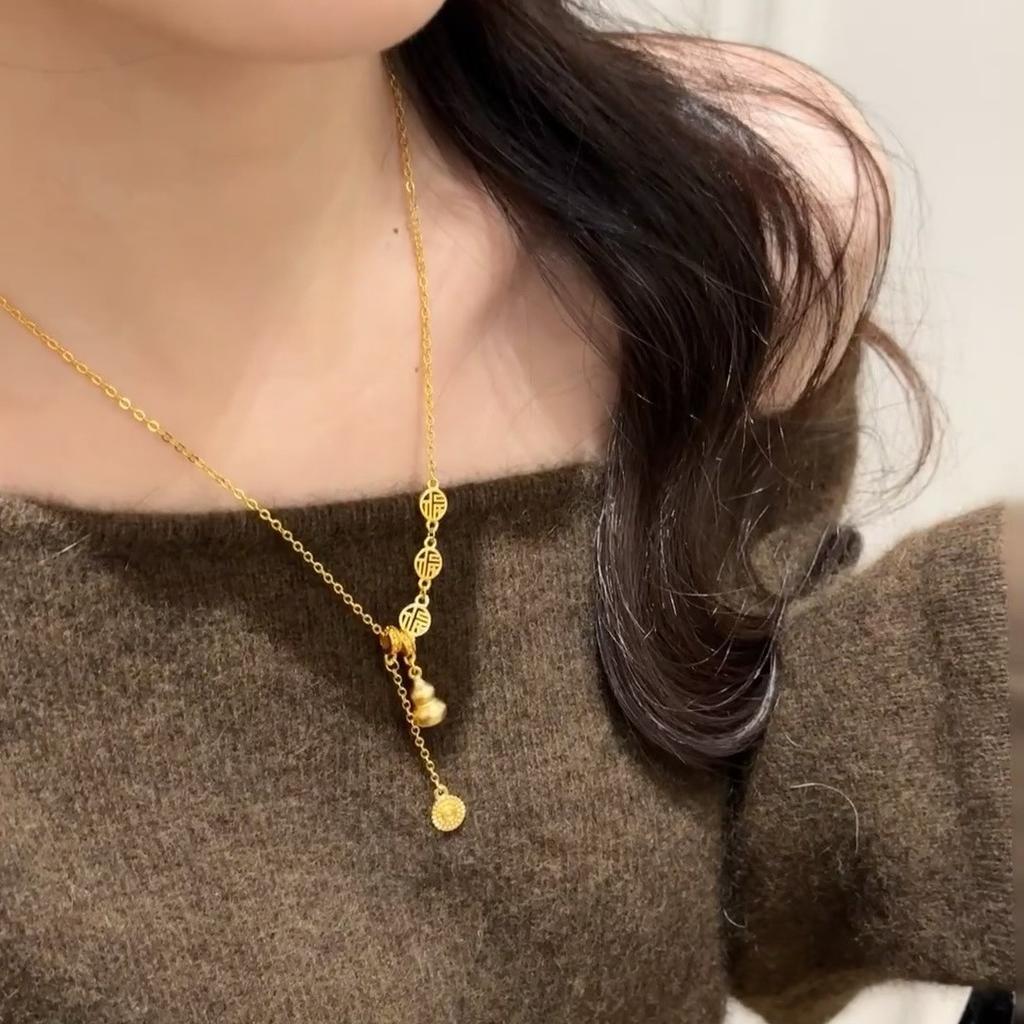 New Chinese Style Golden Gourd Pendant with Tassel, Lucky Character, Collarbone Chain, Best Friend Gift