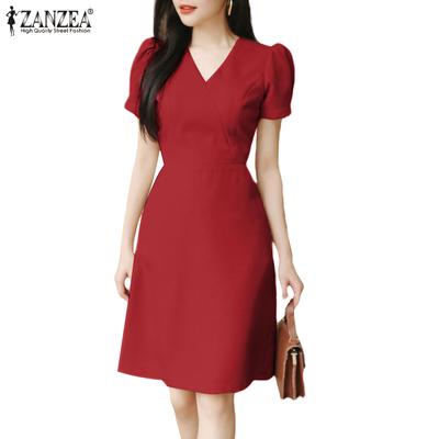 Vestido feminino casual de manga curta com decote em V