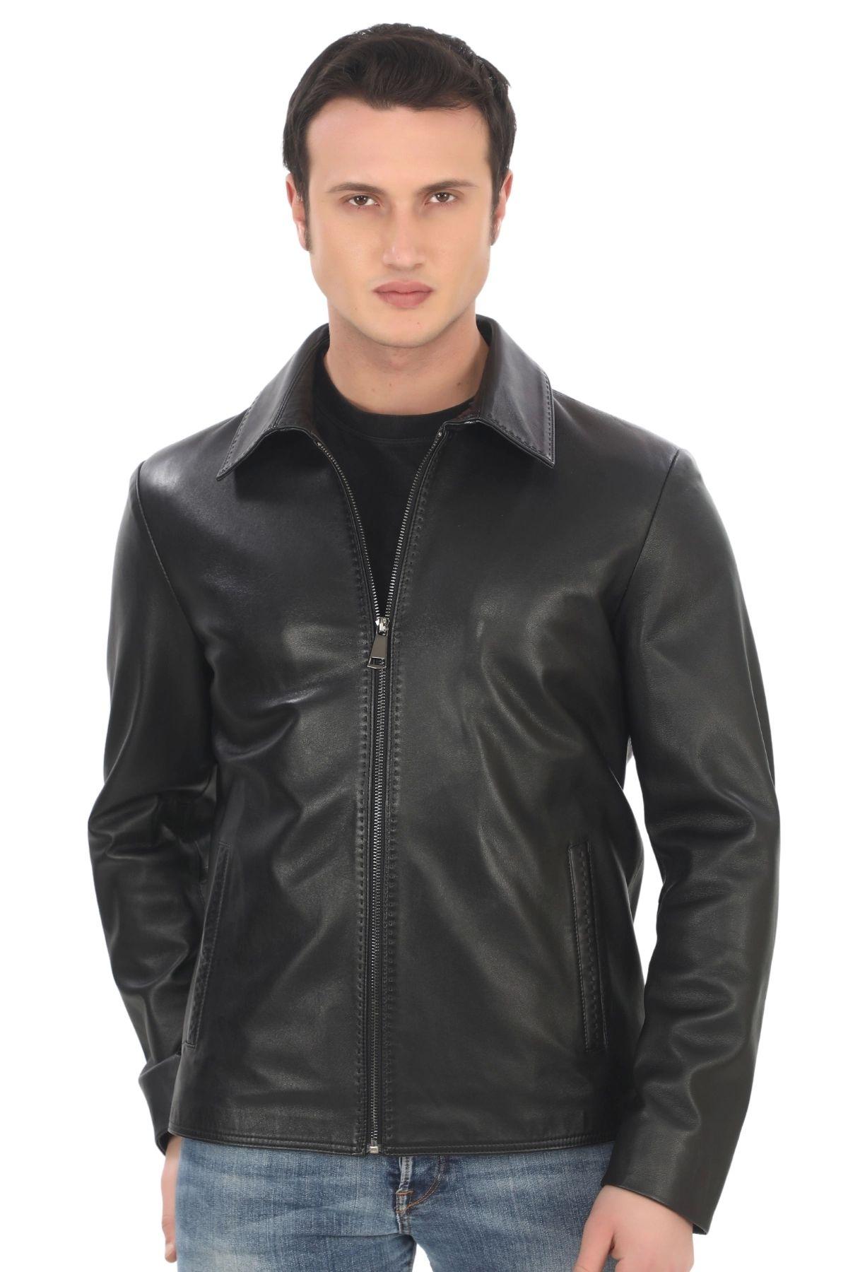 

Men s Genuine Lambskin Jacket Stylish Black Zippered Leather Coat Classic Straight Collar Handmade Leather Jacket 2XL чорний