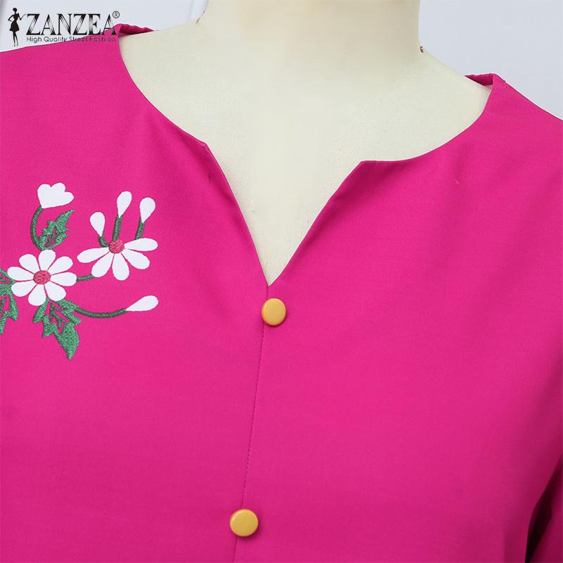 ZANZEA Women Casual V-Neck 3/4 Sleeve Loose Floral Print Dress