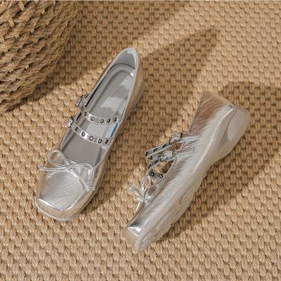 Mode Silber Angel Licht Ballerinas für Damen Tragen Feen Stil Schleife Schleife Quadratische Zehenpartie Flache Mary Jane Schuhe mit Rock und Pumps