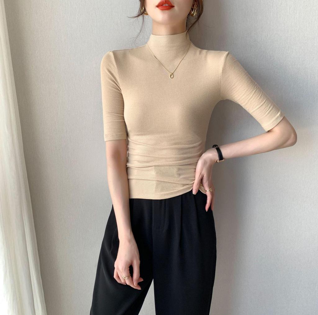Women's Half-High Collar Ribbed Shirt: Mid-Length Sleeves, High Elasticity, Perfect for Autumn/Winter.