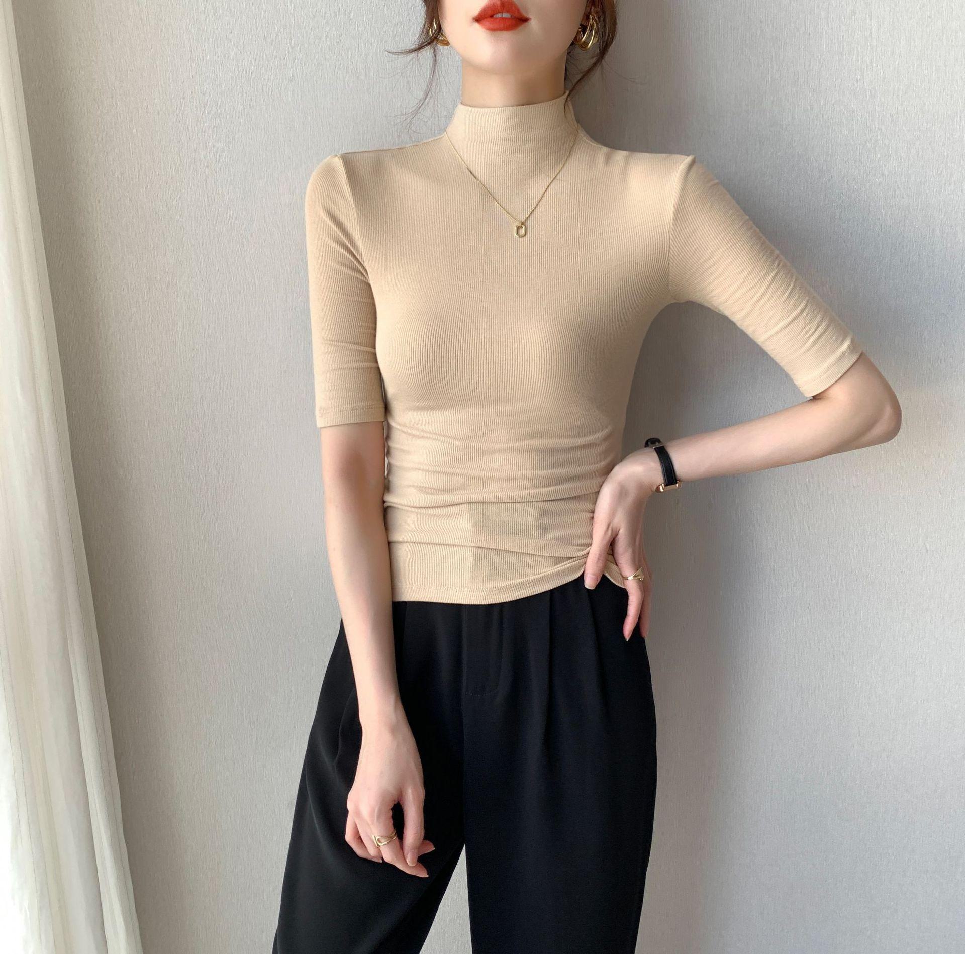 

Женская рубашка с полувысоким воротником в рубчик: Рукава средней длины, высокая эластичность, идеально подходит для осени/зимы. XXL абрикосовый