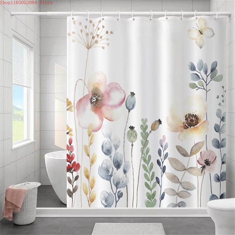 Adorable Botanical Shower Curtain With Hooks Waterproof Anti-mildew Easy Hang Washable For Dorm Apartment Home Bathroom
