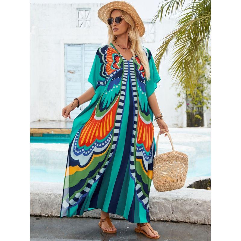 Summer New Arrival Women's Clothing Fashion Style Positioning Print Djellaba Beach Vacation Loose Sun Protection Blouse Long Dress
