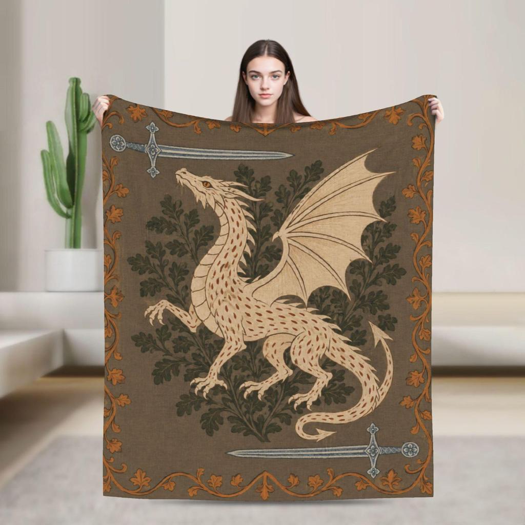 Medieval Dragon Fleece Blanket, Gothic Fantasy Room Decor, Book Lover Gift