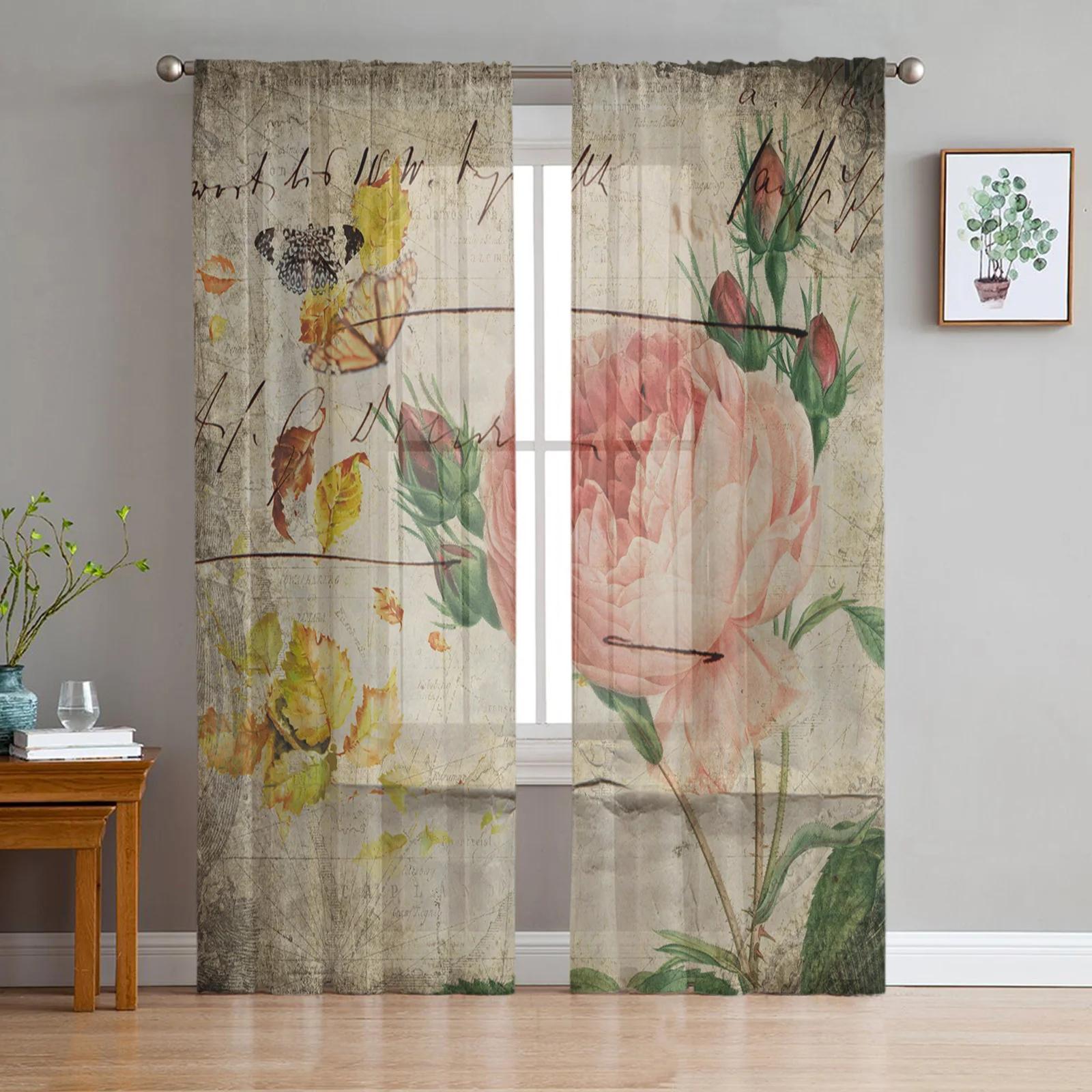 

2 шт. Цветочные полукруглые цветочные тюлевые шторы для украшения гостиной, спальни, прозрачные шторы для кухни, оконного оформления Small2x25W60H(CM)&Grommet Top